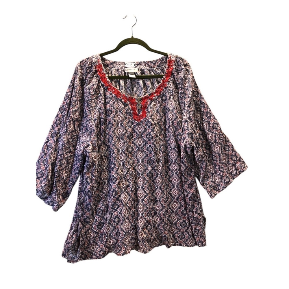 Catherines 1X Shirt Top Boho Print Round Neck Tunic 3/4 Sleeve Woman Y2K